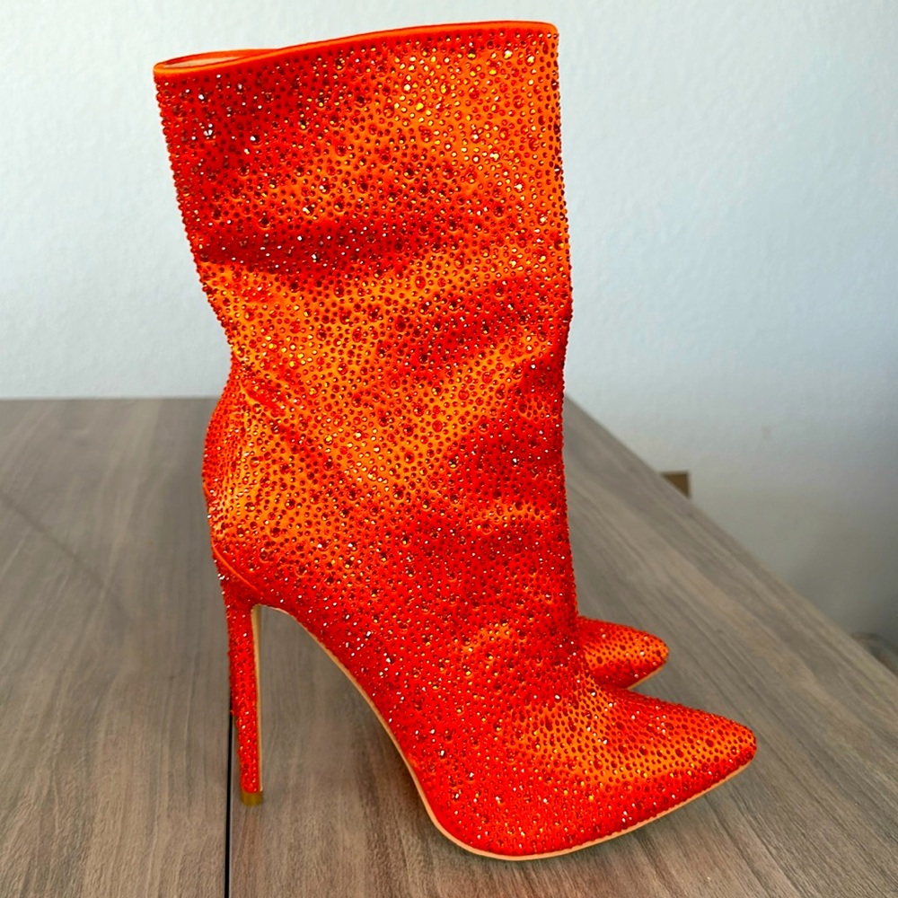 Azalea Wang orange rhinestone booties